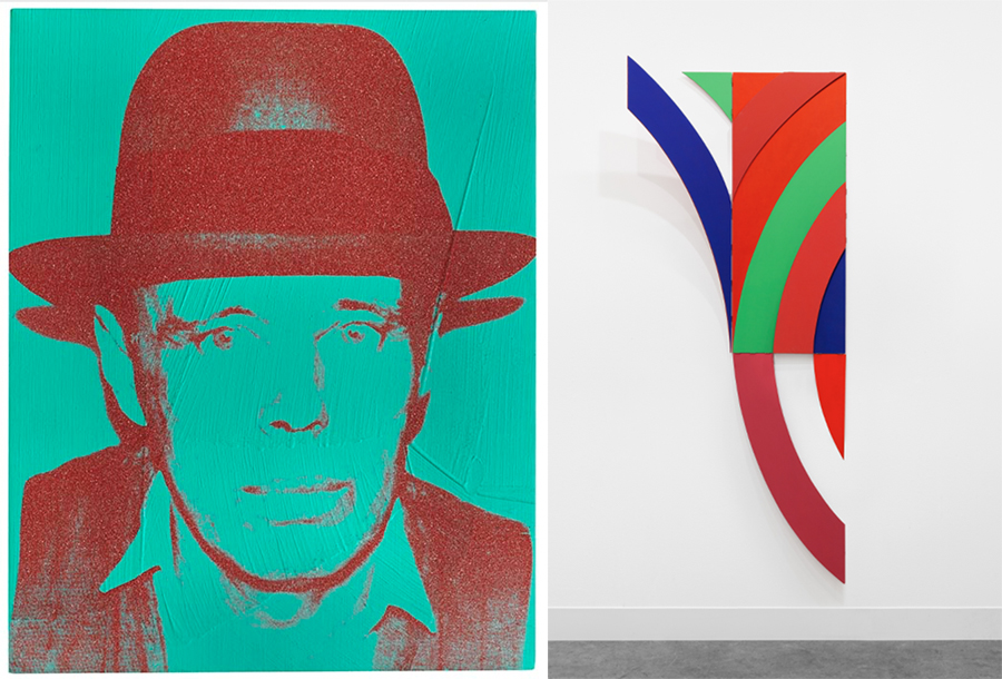 Das Bild "Joseph Beuys" von Andy Warhol und die Holzarbeit "Untitled" von Katsumi Nakai.