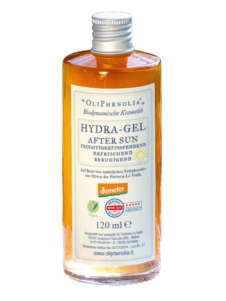 Fattoria La Vialla: Demeter-zertifiziertes "OliPhenolia® Hydra-Gel After Sun" mit natürlichen Polyphenolen aus toskanischen Oliven.