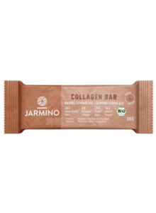 Kollagen-Supplements Jarmino Collagen Bar Mandel Schokolade – brauner Proteinriegel mit Bio-Siegel und Angaben zu Ballaststoffen, Kollagengehalt und Nährwerten auf der Verpackung.