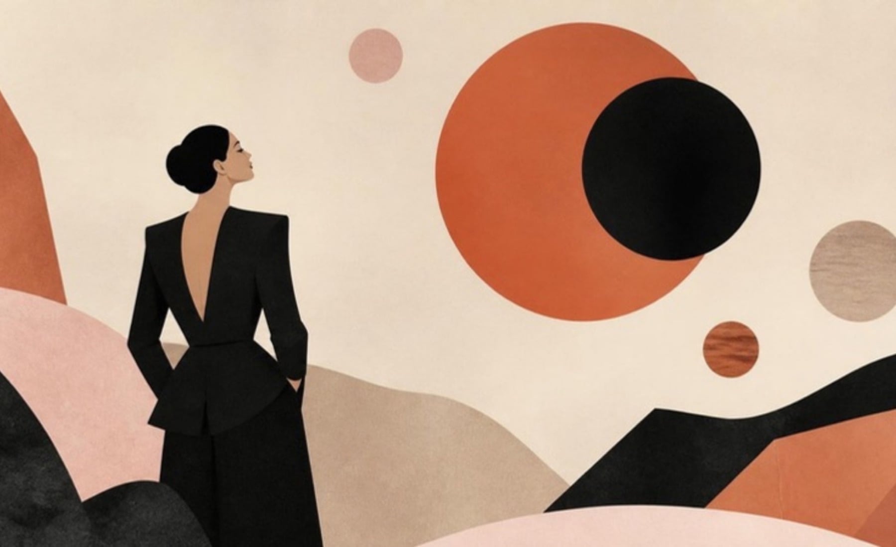 Illustration: Frau in schwarzem Kostüm blickt auf eine stilisierte Sonnenfinsternis – Horoskop 2027