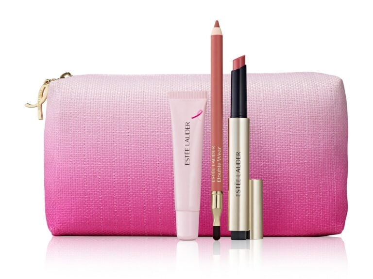 Rosa Kosmetiktasche von Estée Lauder mit Lipgloss, Lipliner und Lippenstift