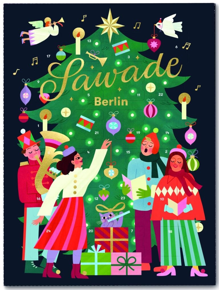 Illustrierter Pralinen-Adventskalender von Sawade mit Tannenbaum, singenden Menschen und Engeln