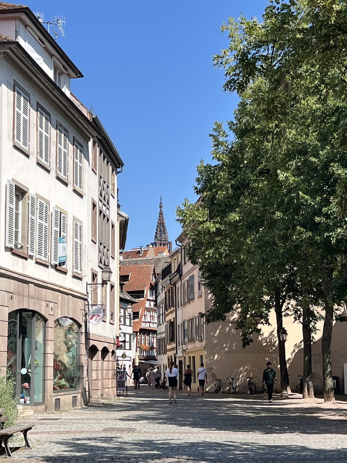 Straße in Straßburg mit alten Häusern und Kirchturm