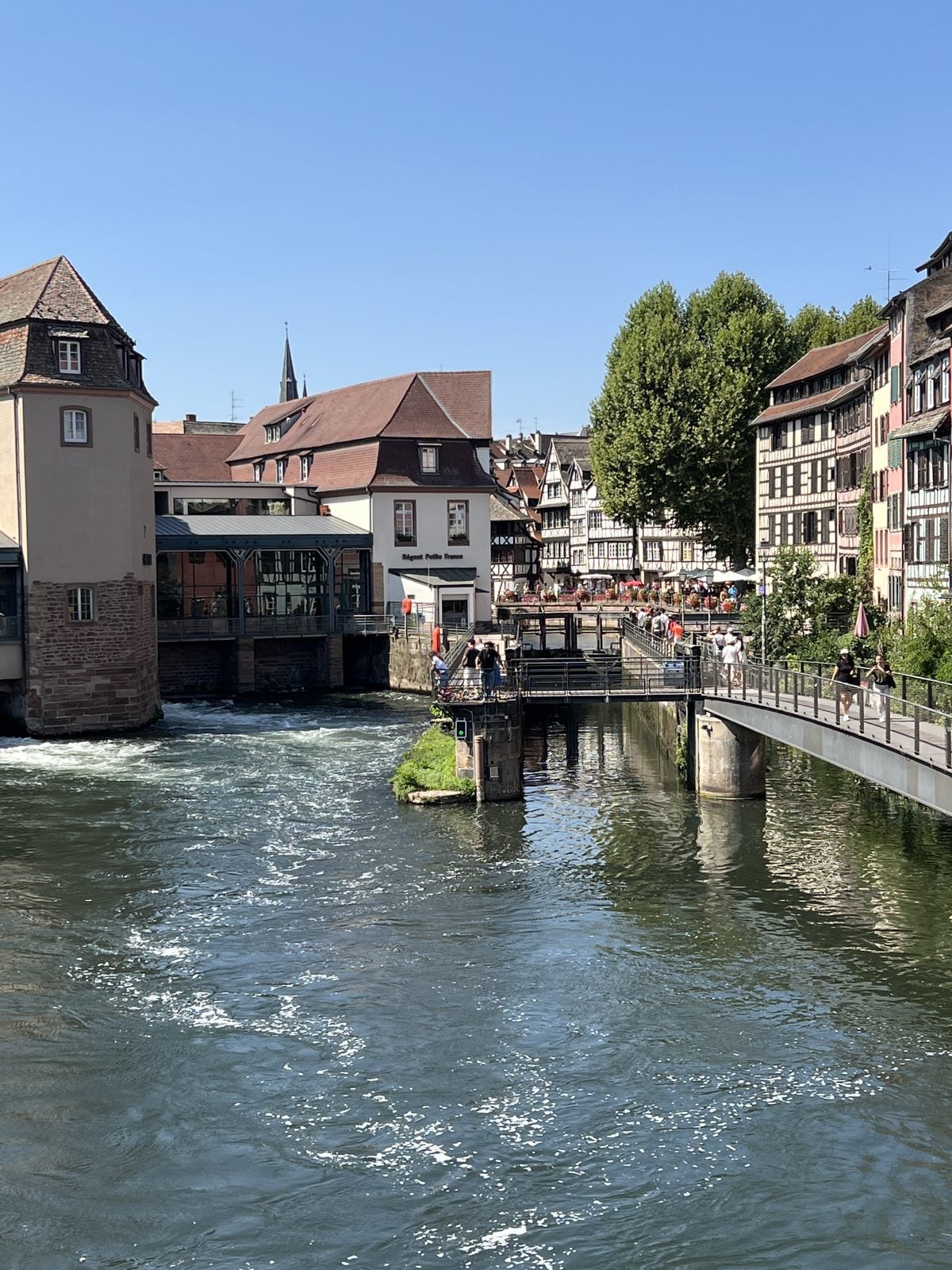 Fluss mit Wehr und Fachwerkhäusern in Straßburg