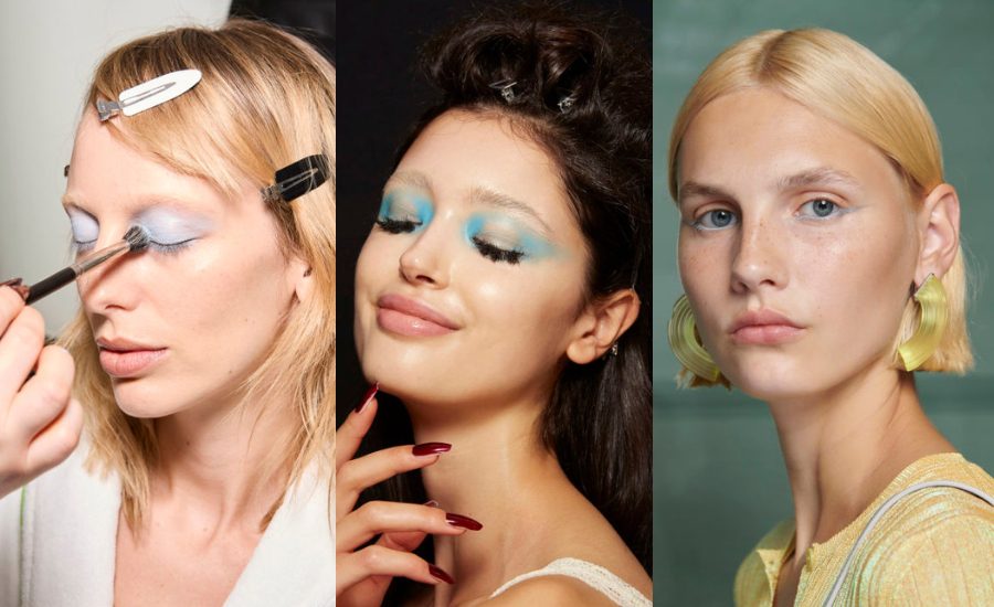 Blaue Augen können vielfältig sein, zum Beispiel in drei diversen Lidschatten- und Eyeliner-Looks.